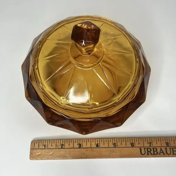 VTG Viking Amber Glass Covered Candy Dish Bowl Lid Diamond Point 7.5" - Picture 11 of 12